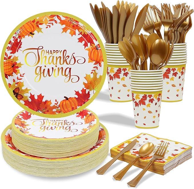 Thanksgiving Disposable Dinnerware Set 350 Pcs with Plates Cups Napkins and Cutlery