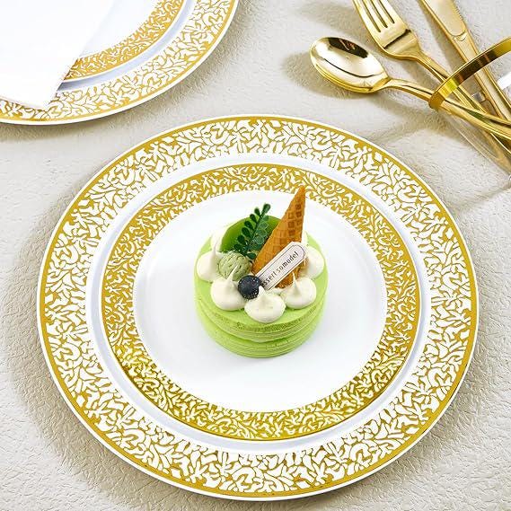 Gold Plastic Dinnerware Set 150 Pcs Elegant Disposable Plates Cups and Cutlery for Party