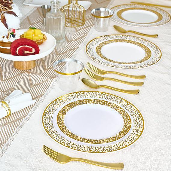 Gold Plastic Dinnerware Set 150 Pcs Elegant Disposable Plates Cups and Cutlery for Party