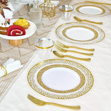 Gold Plastic Dinnerware Set 150 Pcs Elegant Disposable Plates Cups and Cutlery for Party