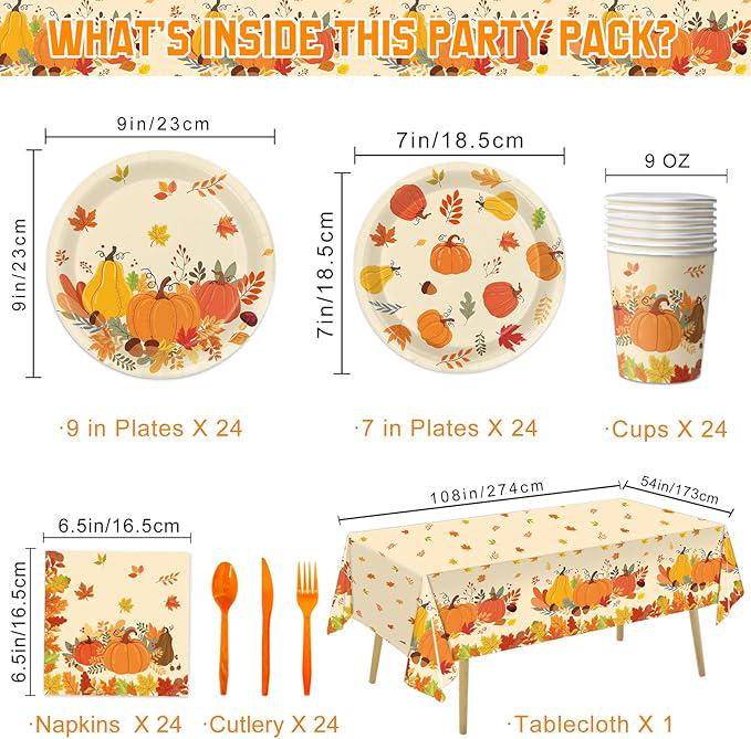 Thanksgiving Dinnerware Set: Pumpkin & Maple Leaf Party Supplies for 24