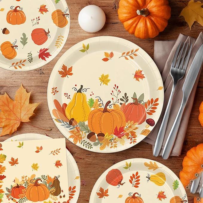 Thanksgiving Dinnerware Set: Pumpkin & Maple Leaf Party Supplies for 24