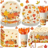 Thanksgiving Dinnerware Set: Pumpkin & Maple Leaf Party Supplies for 24