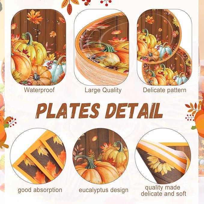 Thanksgiving Fall Plates and Napkins Set 400 Pcs Pumpkin Disposable Tableware for Party