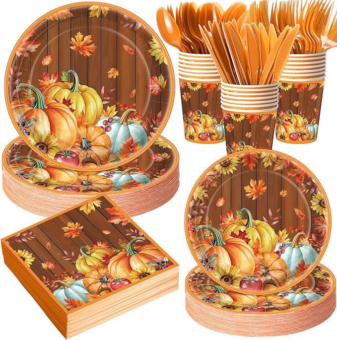 Thanksgiving Fall Plates and Napkins Set 400 Pcs Pumpkin Disposable Tableware for Party