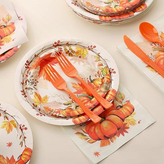 Thanksgiving Plates and Napkins Set Fall Disposable Dinnerware for 24 Guests Party