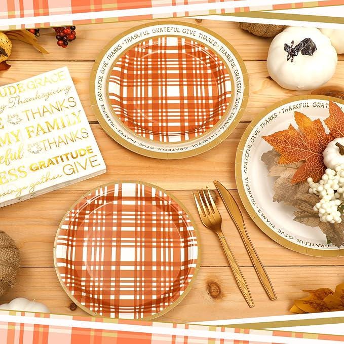 Thanksgiving Party Supplies Set 24 Pack Fall Gingham Disposable Plates Napkins and Cutlery