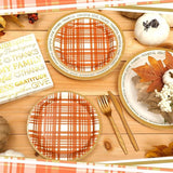 Thanksgiving Party Supplies Set 24 Pack Fall Gingham Disposable Plates Napkins and Cutlery