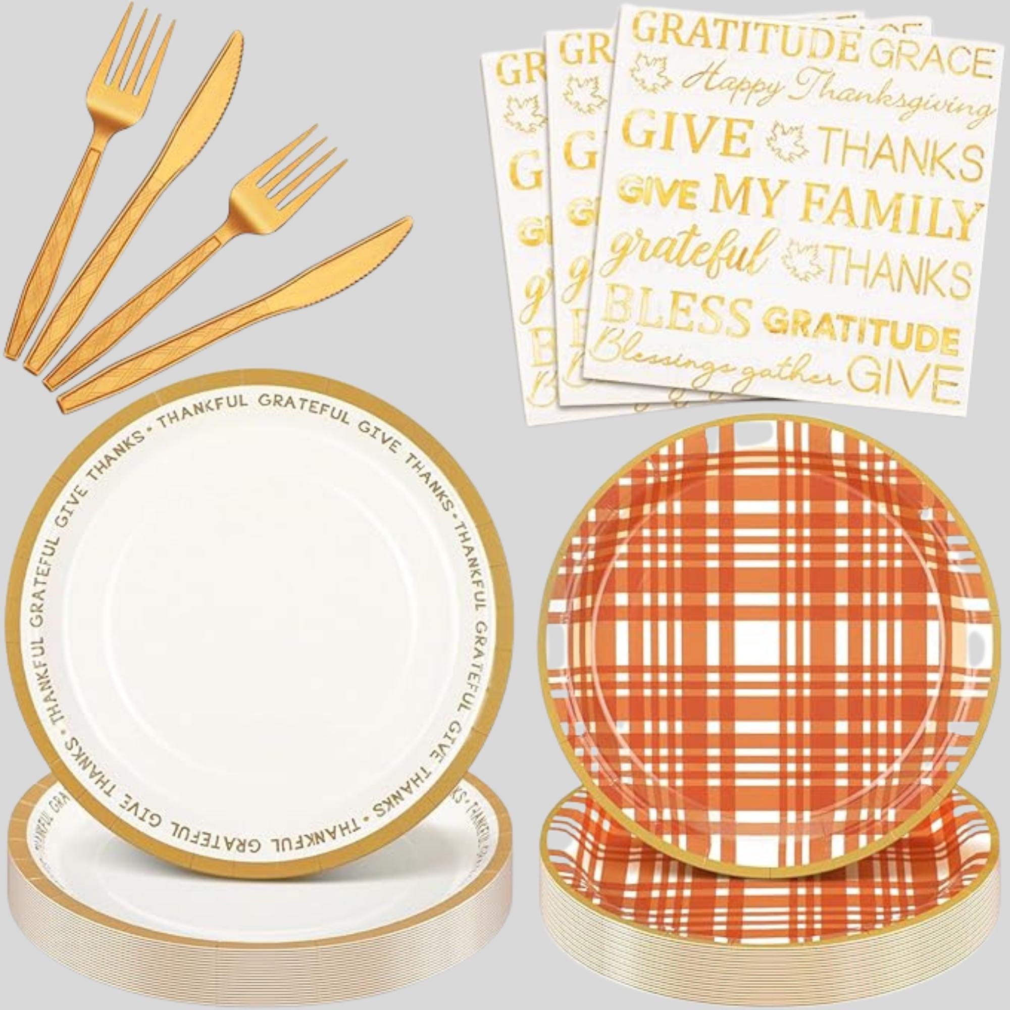 Thanksgiving Party Supplies Set 24 Pack Fall Gingham Disposable Plates Napkins and Cutlery