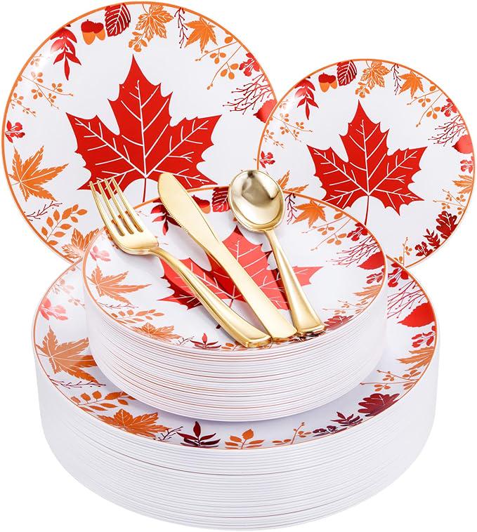 Thanksgiving Plastic Plates Set 150 Pcs Disposable Dinnerware with Gold Cutlery for Fall