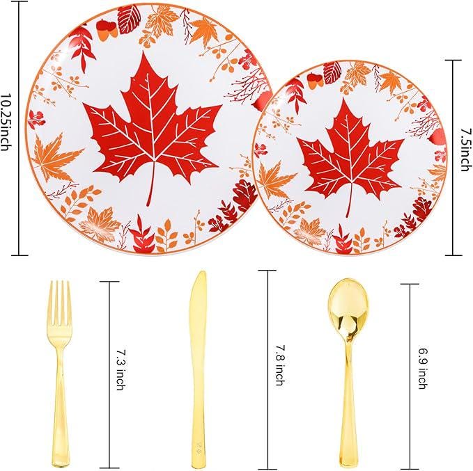 Thanksgiving Plastic Plates Set 150 Pcs Disposable Dinnerware with Gold Cutlery for Fall