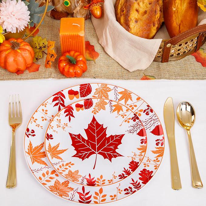 Thanksgiving Plastic Plates Set 150 Pcs Disposable Dinnerware with Gold Cutlery for Fall