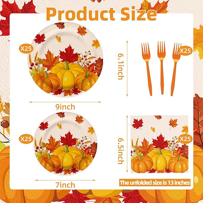 Fall Pumpkin Tableware Set 100 Pcs Thanksgiving Disposable Plates Napkins and Forks for 25