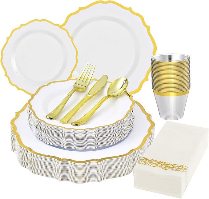 Gold Vintage Plastic Dinnerware Set: 25 Guests Disposable Plates, Cups & Cutlery