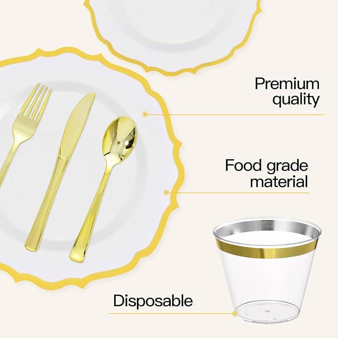Gold Vintage Plastic Dinnerware Set: 25 Guests Disposable Plates, Cups & Cutlery