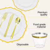 Gold Vintage Plastic Dinnerware Set: 25 Guests Disposable Plates, Cups & Cutlery