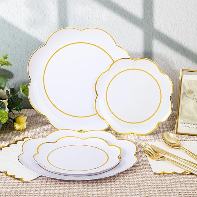 Gold Rim White Plastic Dinnerware Set: 50 Guests Disposable Plates, Cups & Cutlery
