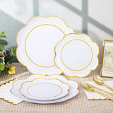 Gold Rim White Plastic Dinnerware Set: 50 Guests Disposable Plates, Cups & Cutlery