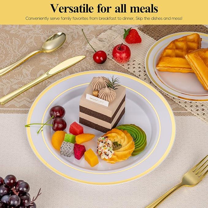 Gold Rim Plastic Plates, 100 Pcs: Heavy Duty Disposable Dinnerware