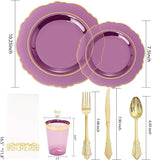 Purple & Gold Plastic Dinnerware Set: 30 Guests
