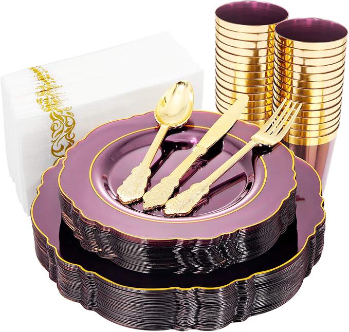 Purple & Gold Plastic Dinnerware Set: 30 Guests