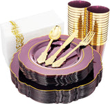 Purple & Gold Plastic Dinnerware Set: 30 Guests