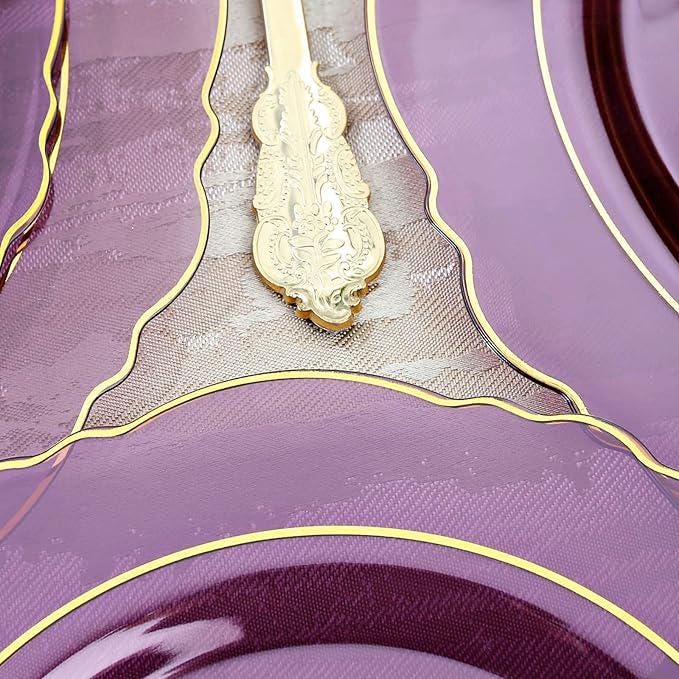 Purple & Gold Plastic Dinnerware Set: 30 Guests