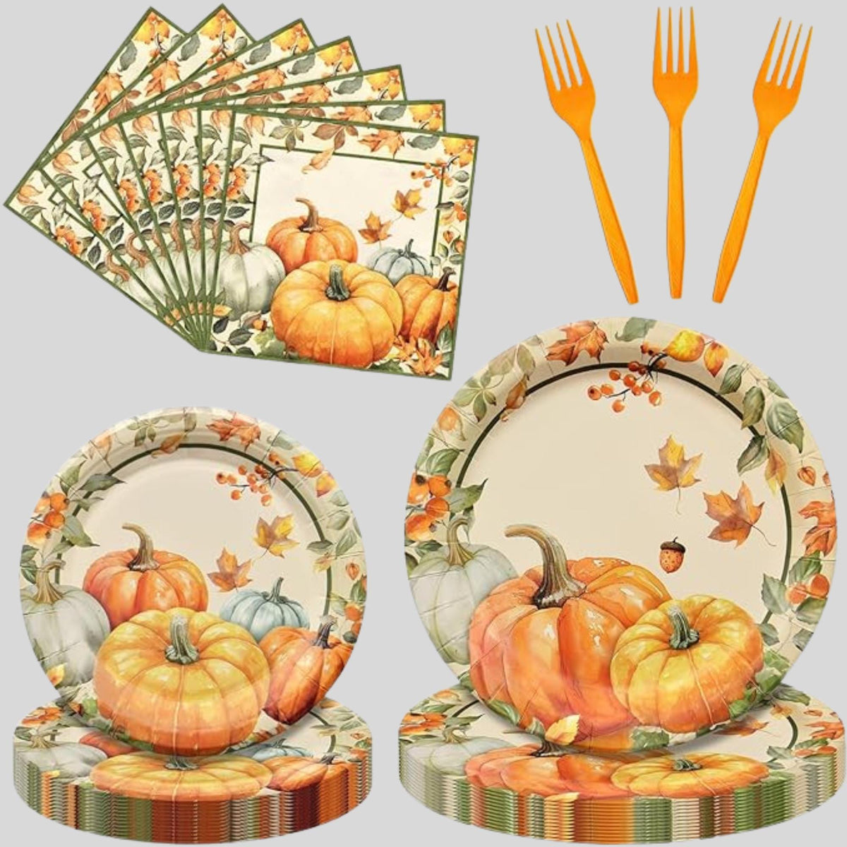 Pumpkin Thanksgiving Tableware Set: Disposable Plates, Napkins, Forks - 24 Guests