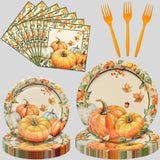 Pumpkin Thanksgiving Tableware Set: Disposable Plates, Napkins, Forks - 24 Guests