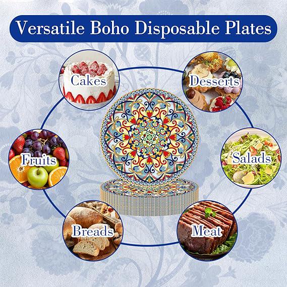 Boho Paper Plates Set 100 Pcs Vintage Disposable Dinner and Dessert Plates for Party