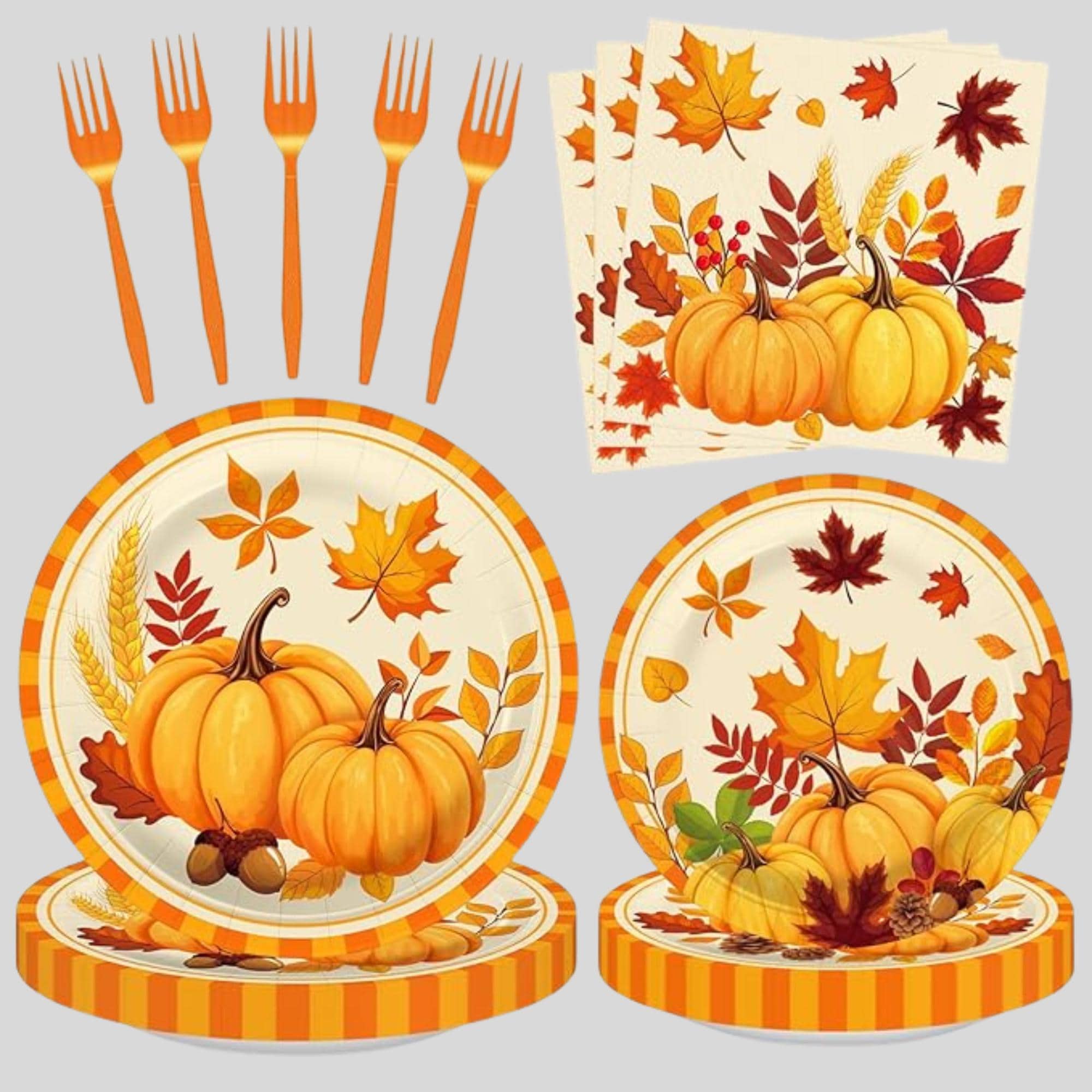 Fall Pumpkin Tableware Set: Disposable Plates, Napkins, Forks - 25 Guests