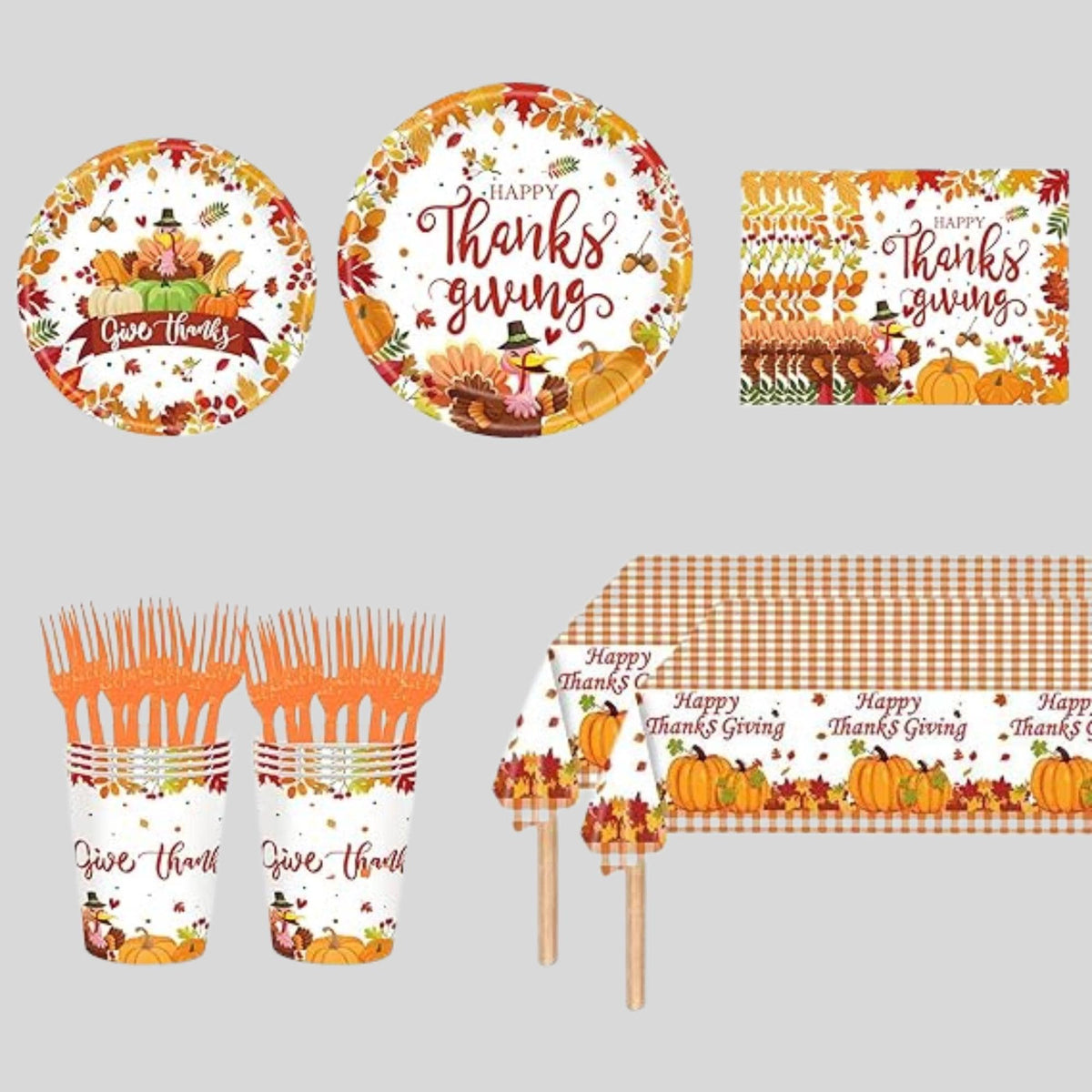 Thanksgiving Party Supplies Set Disposable Plates Napkins Cutlery and Tableware for 24 Guests