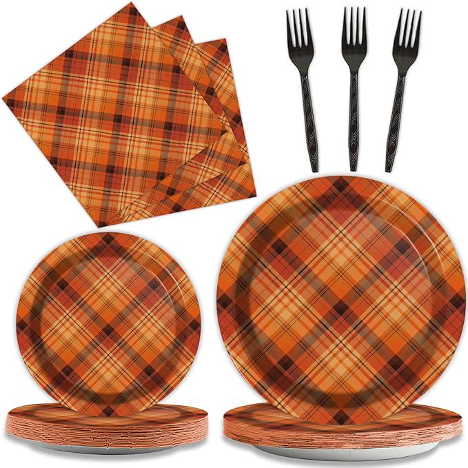 Orange Plaid Thanksgiving Party Set: Disposable Plates, Napkins, Forks - 24 Guests