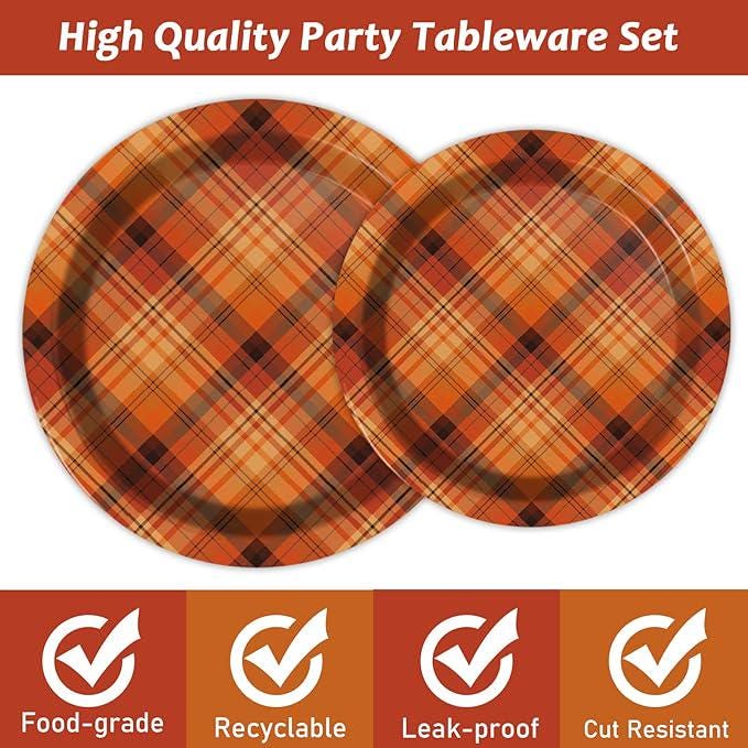 Orange Plaid Thanksgiving Party Set: Disposable Plates, Napkins, Forks - 24 Guests