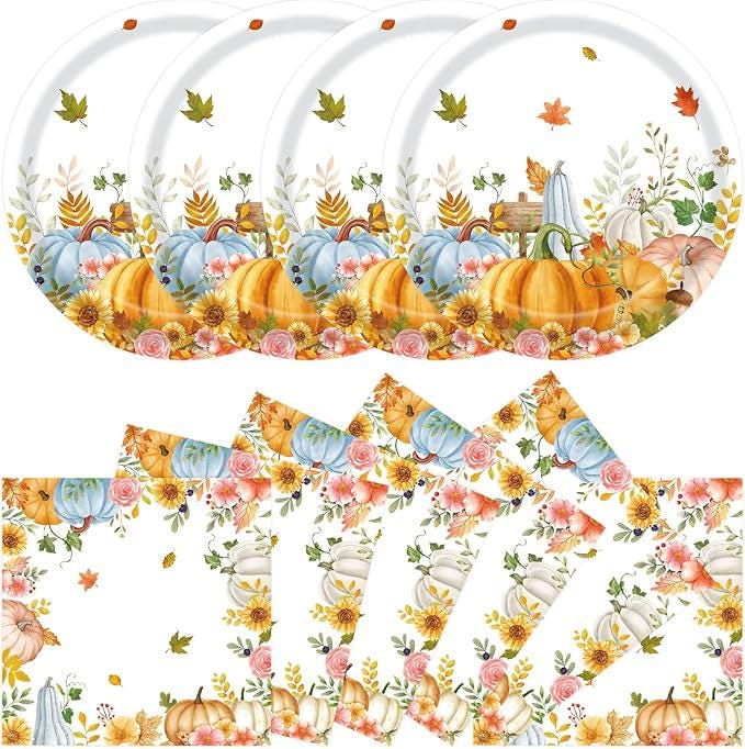 Fall Paper Plates and Napkins Set 40 Pcs Disposable Pumpkin Dinnerware for Autumn Party