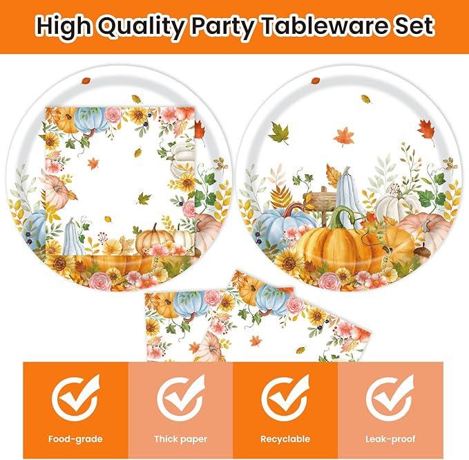 Fall Paper Plates and Napkins Set 40 Pcs Disposable Pumpkin Dinnerware for Autumn Party
