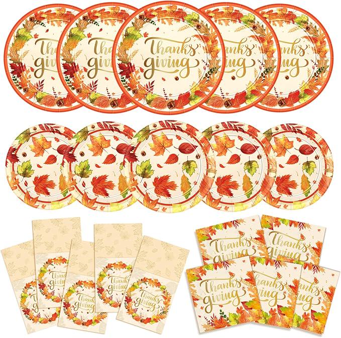 Thanksgiving Dinnerware Set 200 Pcs Disposable Plates Napkins and Cutlery for 50 Guests