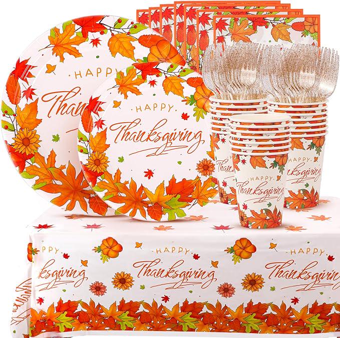 Thanksgiving Party Supplies Set Disposable Plates Cups Napkins and Cutlery for 24 Guests