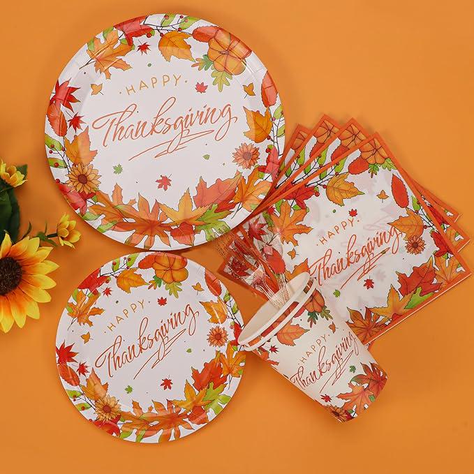 Thanksgiving Party Supplies Set Disposable Plates Cups Napkins and Cutlery for 24 Guests