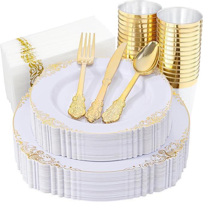 White & Gold Plastic Dinnerware Set (175 Pcs)