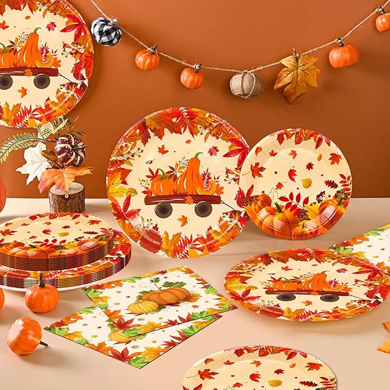 Thanksgiving Party Supplies Set 113 Pcs Plates Napkins Cups and Tablecloth for 16 Guests