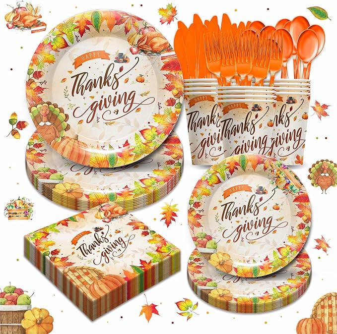 Thanksgiving Party Supplies Set Disposable Plates Napkins Cups and Cutlery for 24 Guests