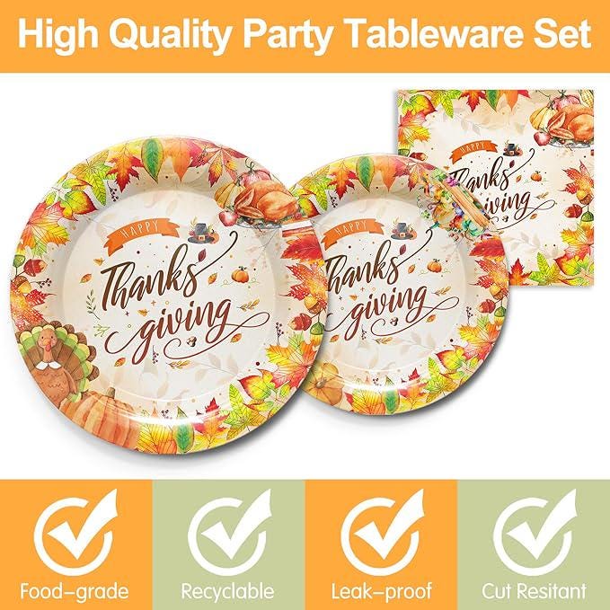 Thanksgiving Party Supplies Set Disposable Plates Napkins Cups and Cutlery for 24 Guests