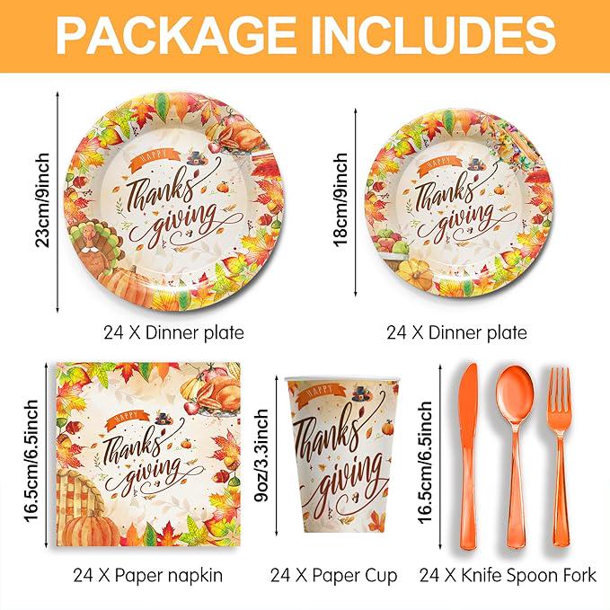 Thanksgiving Party Supplies Set Disposable Plates Napkins Cups and Cutlery for 24 Guests