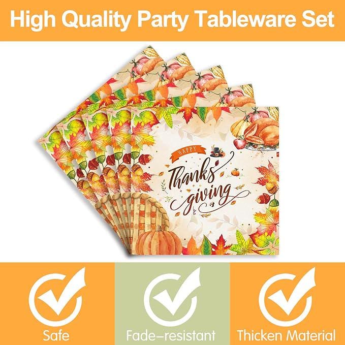 Thanksgiving Party Supplies Set Disposable Plates Napkins Cups and Cutlery for 24 Guests