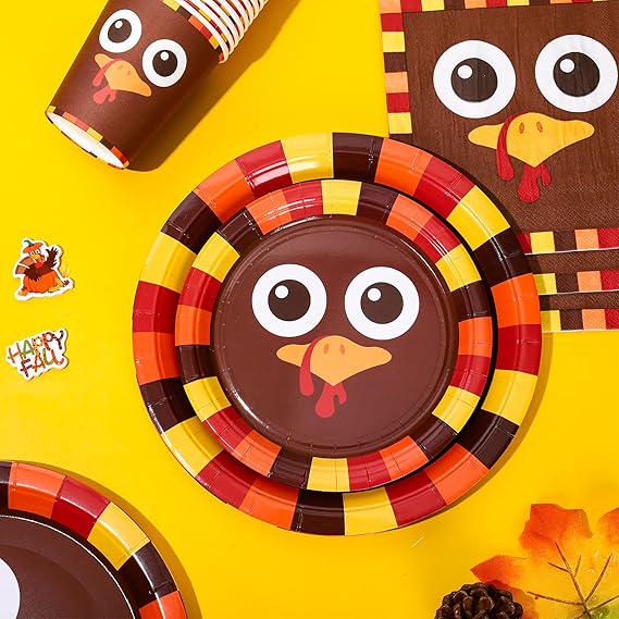 Thanksgiving Turkey Tableware Set 96 Pcs Disposable Plates Napkins and Cups for 24 Guests