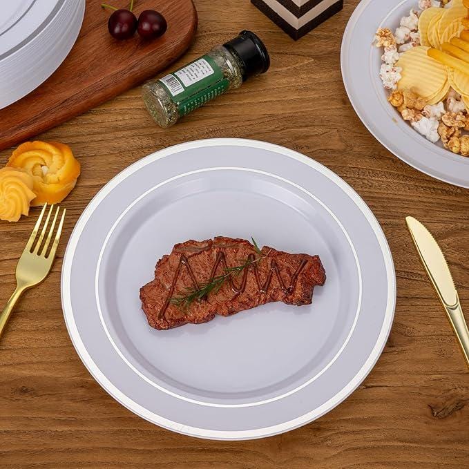 Silver Rim Plastic Plates: 10-inch Disposable Dinnerware, 100 Pcs