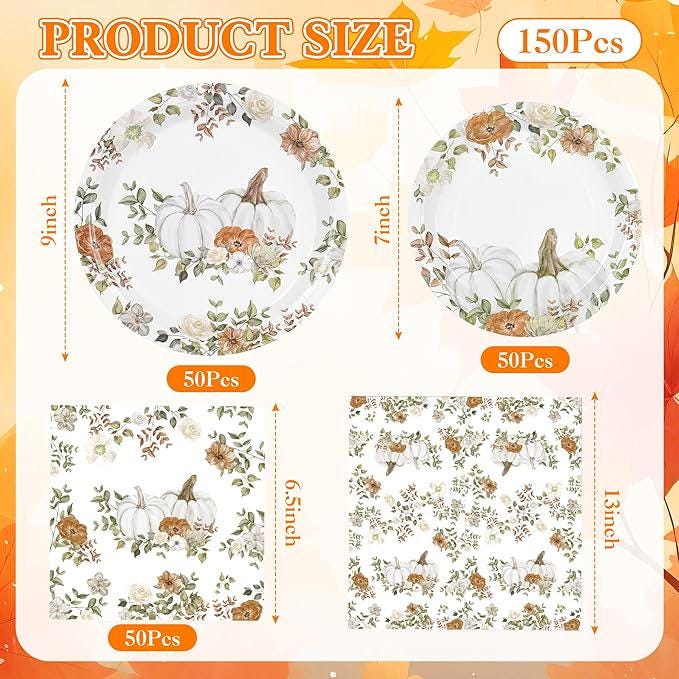 Fall Paper Plates and Napkins Set 150 Pcs Disposable Thanksgiving Tableware for 50 Guests