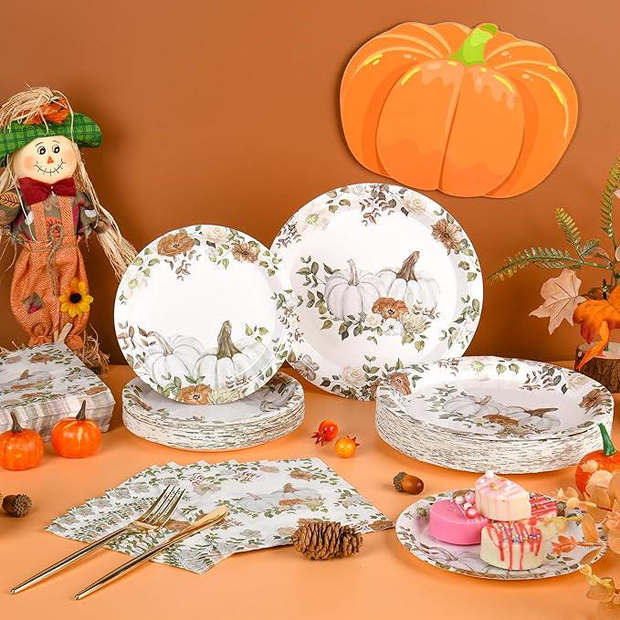 Fall Paper Plates and Napkins Set 150 Pcs Disposable Thanksgiving Tableware for 50 Guests