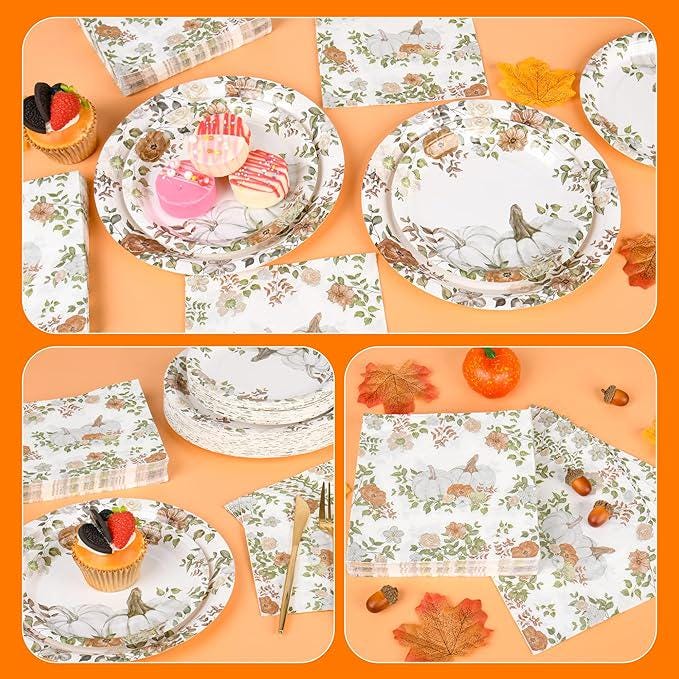 Fall Paper Plates and Napkins Set 150 Pcs Disposable Thanksgiving Tableware for 50 Guests